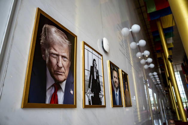 A portrait of President Donald Trump, First Lady Melania Trump and Vice President JD Vance is seen inside the Hall of Nations inside the John F. Kennedy Center for Performing Arts in Washington, DC on Thursday, August 27. 2026. In a court ruling filed earlier this week, the Trump Administration said they may demolish the center if proposed renovation plans are blocked.  WAP20260827311 BONNIExCASH