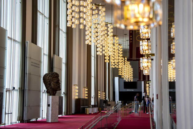 A bust of former President John F. Kennedy is seen inside the John F. Kennedy Center for Performing Arts in Washington, DC on Thursday, August 27. 2026. In a court ruling filed earlier this week, the Trump Administration said they may demolish the center if proposed renovation plans are blocked.  WAP20260827312 BONNIExCASH