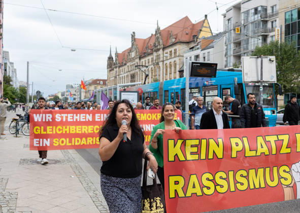 Migra-Streik rally against racism and social exclusion in Germany s Magdeburg MAGDEBURG, GERMANY - AUGUST 27: Business owners, organizers and supporters take part in a rally against racism and social exclusion outside the Saxony-Anhalt state parliament at Domplatz in Magdeburg, Germany, on August 27, 2026. The rally was held as part of the Migra-Streik, during which participating migrant-run businesses across Magdeburg voluntarily closed from 10 a.m. to 3 p.m. to call for solidarity and the protection of a free and democratic society, ahead of Saxony-Anhalt s state election on September 6. Somaya Abdelrahman Anadolu Magdeburg Germany. Editorial use only. Please get in touch for any other usage.  Copyright: x2026xAnadoluxSomayaxAbdelrahmanx