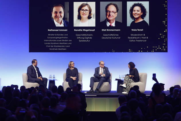 Nathaniel Liminski, Nandita Wegehaupt, Olaf Zimmermann und Viola Tensil beim gamescom Congress auf der weltgrößten Computerspielmesse Gamescom 2026 in der Koelnmesse. Köln, 27.08.2026