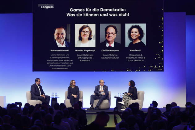 Nathaniel Liminski, Nandita Wegehaupt, Olaf Zimmermann und Viola Tensil beim gamescom Congress auf der weltgrößten Computerspielmesse Gamescom 2026 in der Koelnmesse. Köln, 27.08.2026