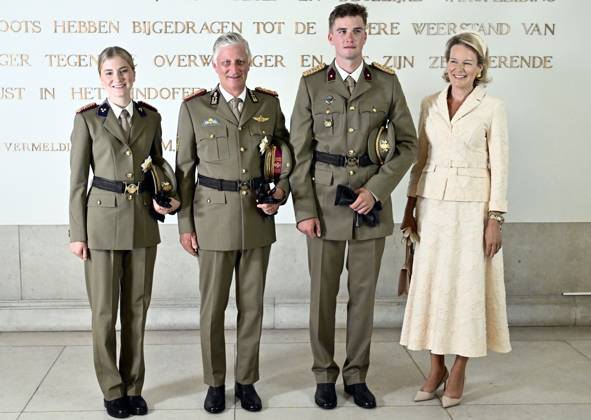 Crown Princess Elisabeth; King Philippe - Filip of Belgium; Prince Gabriel and Queen Mathilde of Belgium pose for the photographer during the graduation ceremony for cadets at the Royal Military Academy (RMA), in Brussels, on Friday 28 August 2026. Graduates of the 176th Polytechnic Class, the 162nd Class in Social and Military Sciences to which the Prince belongs and various classes of the Special Division are honored during the ceremony.  ERICxLALMAND 184538543