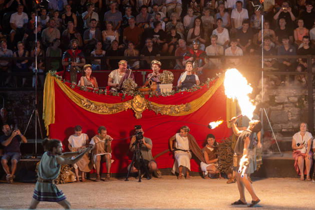 Gladiator fights in Pula, Croatia Members of gladiator school Spectacvla Gladiatoria dressed as Roman gladiators perform a staged combat demonstration during the event Spectacvla Antiqva at the Arena of Pula on August 27, 2026. in Pula, Croatia.  SreckoxNiketic PIXSELL