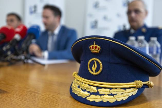 Chief Of Police Zone Brussels Midi-Zuid Jurgen De Landsheer; Brussels King s Prosecutor Julien Moinil and Director of the Brussels Judicial Police Eric Jacobs pictured during a press conference of the Public Prosecutor s Office regarding recent shootings in Brussels, Friday 28 August 2026.  NICOLASxMAETERLINCK 184547287