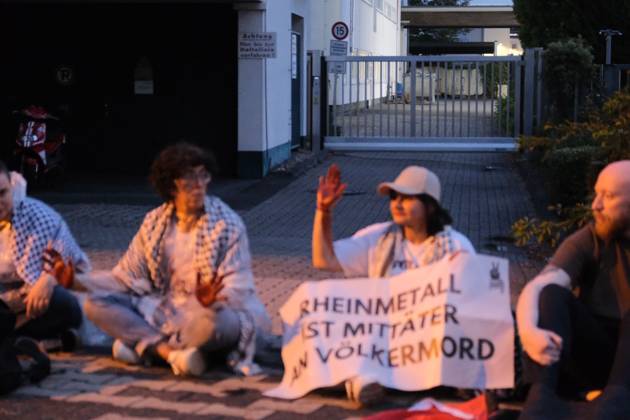 August 28, 2026, Bonn, Germany: BONN, GERMANY Ã¢â‚¬ AUGUST 28, 2026: Around 30 activists blockade the entrance to a Rheinmetall facility in Bonn, Germany, protesting the German arms manufacturerÃ¢â‚¬â ¢s involvement in the arms industry and its alleged role in supplying weapons to Israel amid the war in Gaza. Bonn Germany - ZUMAq101 20260828_zna_q101_045 Copyright: xMouafakxMahmaljix