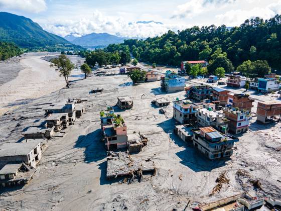 Aerial View Shows Flood Devastation Along Bhotekoshi River in Nuwakot NUWAKOT, NEPAL AUGUST 28, 2026: An aerial view shows the aftermath of severe flooding along the Bhotekoshi River in Nuwakot, Nepal. The flooding affected low-lying areas and settlements near the riverbanks, causing widespread damage to homes, roads, bridges, a hydropower station and other infrastructure. Several people remain missing as authorities continue to assess the extent of the disaster. Rescue teams and security personnel are conducting search and rescue operations in the affected areas. Nuwakot bagmati Nepal Copyright: x xAmbirxTolangx xJNAxPressx