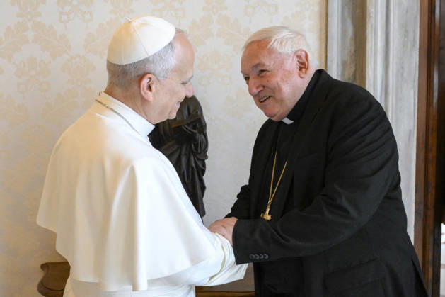 Pope Leo XIV Meets Cardinal Jean-Marc Aveline - Vatican Pope Leo XIV meets French cardinal Jean-Marc Aveline, Archbishop of Marseille and President of the French Bishops’ Conference on August 28, 2026 at the Vatican, exactly one month before Pope Leo XIV’s Apostolic Journey to France on 25-28 September. Photo by (EV) Mario Tomassetti Vatican Media ABACAPRESS.COM Rome Vatican (or Holy See)  Copyright: xABACAx