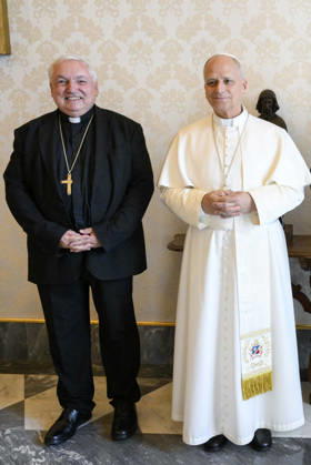 Pope Leo XIV Meets Cardinal Jean-Marc Aveline - Vatican Pope Leo XIV meets French cardinal Jean-Marc Aveline, Archbishop of Marseille and President of the French Bishops’ Conference on August 28, 2026 at the Vatican, exactly one month before Pope Leo XIV’s Apostolic Journey to France on 25-28 September. Photo by (EV) Mario Tomassetti Vatican Media ABACAPRESS.COM Rome Vatican (or Holy See)  Copyright: xABACAx