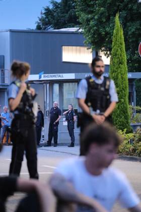 Protest against Rheinmetall in Germany BONN, GERMANY - AUGUST 28: Activists block the entrance to a Rheinmetall facility during a protest against the German arms manufacturer in Bonn, Germany, on August 28, 2026. Demonstrators staged the blockade as part of a nationwide mobilization protesting Rheinmetall’s involvement in the defense industry and its supply of military equipment amid the war in Gaza. Several participants glued themselves to the ground, prompting police to deploy a technical unit during a six-hour operation that ended with the arrest and detention of all blockade participants. Mouafak Mahmalji Anadolu Bonn Germany. Editorial use only. Please get in touch for any other usage.  Copyright: x2026xAnadoluxMouafakxMahmaljix