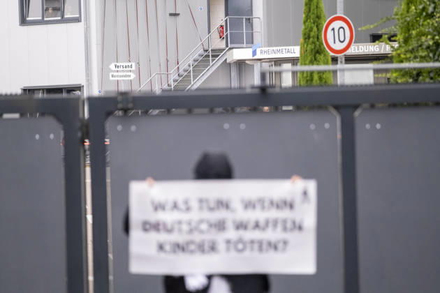 Protest against Rheinmetall in Germany BONN, GERMANY - AUGUST 28: Activists block the entrance to a Rheinmetall facility during a protest against the German arms manufacturer in Bonn, Germany, on August 28, 2026. Demonstrators staged the blockade as part of a nationwide mobilization protesting Rheinmetall’s involvement in the defense industry and its supply of military equipment amid the war in Gaza. Several participants glued themselves to the ground, prompting police to deploy a technical unit during a six-hour operation that ended with the arrest and detention of all blockade participants. Mouafak Mahmalji Anadolu Bonn Germany. Editorial use only. Please get in touch for any other usage.  Copyright: x2026xAnadoluxMouafakxMahmaljix