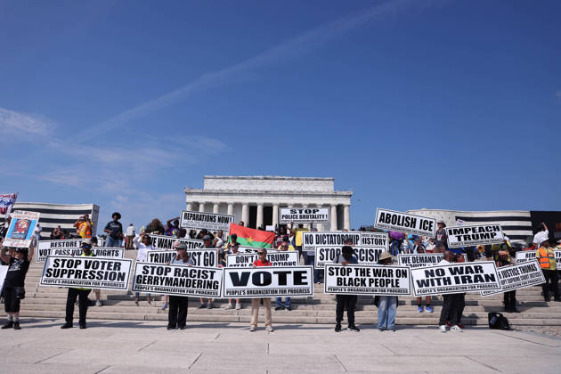 August 28, 2026, Washington, District Of Columbia, USA: People hold signs as they attend a Defend the Vote rally near the Lincoln Memorial in Washington, DC, USA, on August 28, 2026, coinciding with the 63rd anniversary of the 1963 March on Washington rally for civil rights. The march comes just weeks before the November midterm elections, with organisers using the demonstration to mobilise voters and make voting rights a central issue in the campaign. Washington USA - ZUMAs337 20260828_znp_s337_021 Copyright: xGentxShkullakux