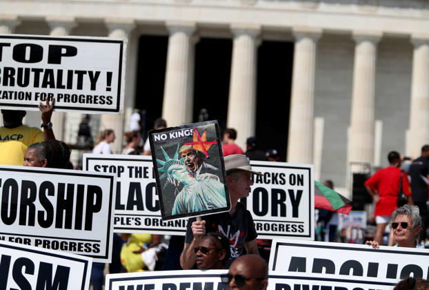 August 28, 2026, Washington, District Of Columbia, USA: People hold signs as they attend a Defend the Vote rally near the Lincoln Memorial in Washington, DC, USA, on August 28, 2026, coinciding with the 63rd anniversary of the 1963 March on Washington rally for civil rights. The march comes just weeks before the November midterm elections, with organisers using the demonstration to mobilise voters and make voting rights a central issue in the campaign. Washington USA - ZUMAs337 20260828_znp_s337_024 Copyright: xGentxShkullakux