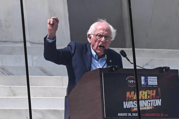 Activists and politicians join March On Washington to Defend the Vote WASHINGTON, D.C., UNITED STATES - AUGUST 28: U.S. Senator Bernie Sanders (I-VT) speaks during a Defend the Vote rally marking the 63rd anniversary of the 1963 March on Washington in Washington, DC, on August 28, 2026. Thousands of demonstrators are expected to attend the rally to defend voting rights and commemorate the historic march led by civil rights leader Martin Luther King Jr. Mehmet Eser Anadolu District of Columbia United States. Editorial use only. Please get in touch for any other usage.  Copyright: x2026xAnadoluxMehmetxEserx