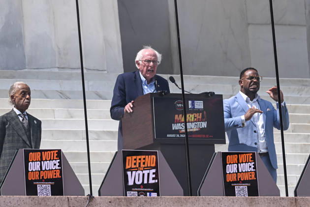 Activists and politicians join March On Washington to Defend the Vote WASHINGTON, D.C., UNITED STATES - AUGUST 28: U.S. Senator Bernie Sanders (I-VT) (C) speaks speaks alongside Reverend Al Sharpton (L) during a Defend the Vote rally marking the 63rd anniversary of the 1963 March on Washington in Washington, DC, on August 28, 2026. Thousands of demonstrators are expected to attend the rally to defend voting rights and commemorate the historic march led by civil rights leader Martin Luther King Jr. Mehmet Eser Anadolu District of Columbia United States. Editorial use only. Please get in touch for any other usage.  Copyright: x2026xAnadoluxMehmetxEserx