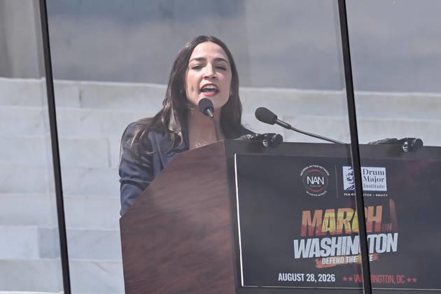 Activists and politicians join March On Washington to Defend the Vote WASHINGTON, D.C., UNITED STATES - AUGUST 28: U.S. Representative Alexandria Ocasio-Cortez (D-NY) speaks during a Defend the Vote rally marking the 63rd anniversary of the 1963 March on Washington in Washington, DC, on August 28, 2026. Thousands of demonstrators are expected to attend the rally to defend voting rights and commemorate the historic march led by civil rights leader Martin Luther King Jr. Mehmet Eser Anadolu District of Columbia United States. Editorial use only. Please get in touch for any other usage.  Copyright: x2026xAnadoluxMehmetxEserx