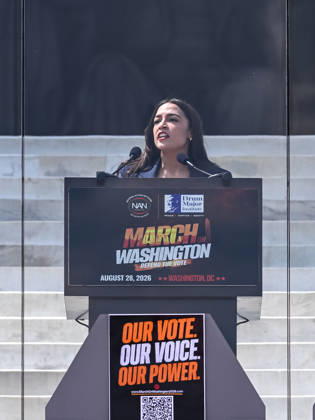 Activists and politicians join March On Washington to Defend the Vote WASHINGTON, D.C., UNITED STATES - AUGUST 28: U.S. Representative Alexandria Ocasio-Cortez (D-NY) speaks during a Defend the Vote rally marking the 63rd anniversary of the 1963 March on Washington in Washington, DC, on August 28, 2026. Thousands of demonstrators are expected to attend the rally to defend voting rights and commemorate the historic march led by civil rights leader Martin Luther King Jr. Mehmet Eser Anadolu District of Columbia United States. Editorial use only. Please get in touch for any other usage.  Copyright: x2026xAnadoluxMehmetxEserx