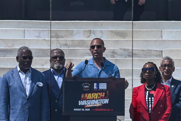Activists and politicians join March On Washington to Defend the Vote WASHINGTON, D.C., UNITED STATES - AUGUST 28: House Minority Leader Hakeem Jeffries (D-NY) speaks during a Defend the Vote rally marking the 63rd anniversary of the 1963 March on Washington in Washington, DC, on August 28, 2026. Thousands of demonstrators are expected to attend the rally to defend voting rights and commemorate the historic march led by civil rights leader Martin Luther King Jr. Mehmet Eser Anadolu District of Columbia United States. Editorial use only. Please get in touch for any other usage.  Copyright: x2026xAnadoluxMehmetxEserx