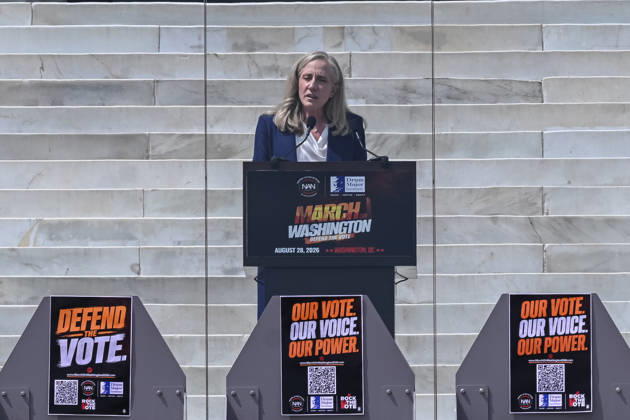 Activists and politicians join March On Washington to Defend the Vote WASHINGTON, D.C., UNITED STATES - AUGUST 28: Virginia Governer Abigail Spanberger speaks during a Defend the Vote rally marking the 63rd anniversary of the 1963 March on Washington in Washington, DC, on August 28, 2026. Thousands of demonstrators are expected to attend the rally to defend voting rights and commemorate the historic march led by civil rights leader Martin Luther King Jr. Mehmet Eser Anadolu District of Columbia United States. Editorial use only. Please get in touch for any other usage.  Copyright: x2026xAnadoluxMehmetxEserx