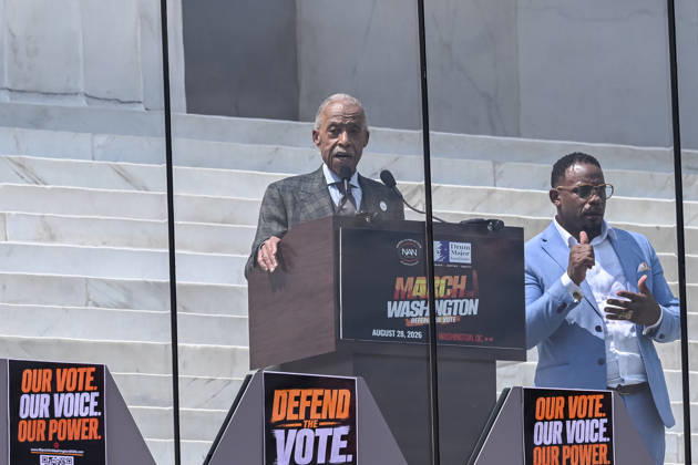 Activists and politicians join March On Washington to Defend the Vote WASHINGTON, D.C., UNITED STATES - AUGUST 28: Reverend Al Sharpton speaks during a Defend the Vote rally marking the 63rd anniversary of the 1963 March on Washington in Washington, DC, on August 28, 2026. Thousands of demonstrators are expected to attend the rally to defend voting rights and commemorate the historic march led by civil rights leader Martin Luther King Jr. Mehmet Eser Anadolu District of Columbia United States. Editorial use only. Please get in touch for any other usage.  Copyright: x2026xAnadoluxMehmetxEserx