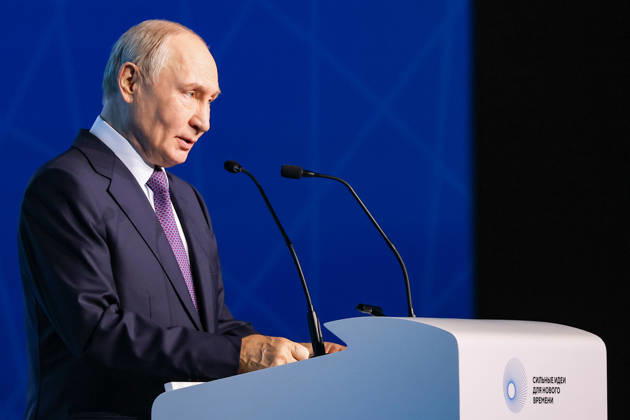 RUSSIA, NIZHNY NOVGOROD - AUGUST 28, 2026: Russia s President Vladimir Putin speaks at a plenary session at a forum titled Strong Ideas for New Times . Sergei Lukin Roscongress Host Photo Agency TASS  96756331
