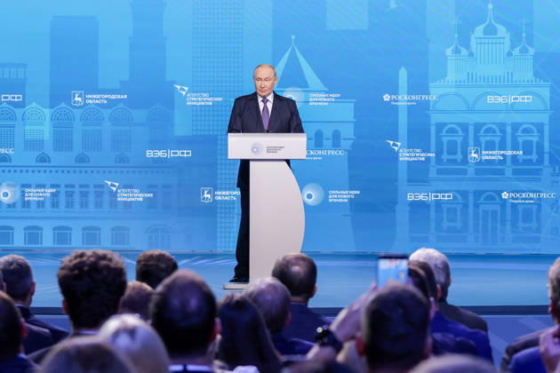 RUSSIA, NIZHNY NOVGOROD - AUGUST 28, 2026: Russia s President Vladimir Putin speaks at a plenary session at a forum titled Strong Ideas for New Times . Sergei Lukin Roscongress Host Photo Agency TASS  96756334
