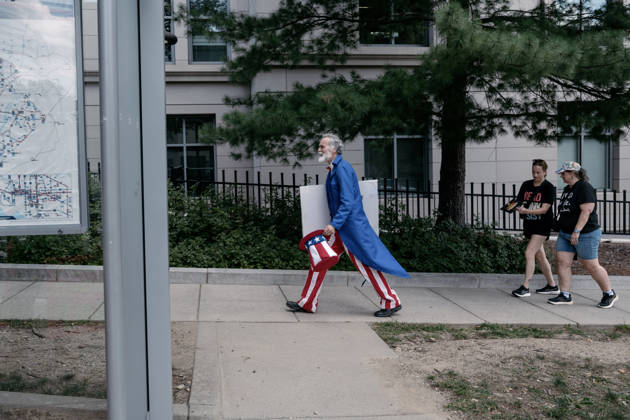 August 28, 2026, Washington, Distict Of Columbia, U.S.A: A demonstrator wearing an Uncle Sam costume walks near the Lincoln Memoria in Washington, DC, on August 28, 2026 while attending the â€oeMarch on Washington: Defend the Vote†rally. The rally, organized by the National Action Network, marks the 63rd anniversary of the 1963 March on Washington, where Rev. Martin Luther King Jr. delivered his historic â€oeI Have a Dream†speech. Thousands of demonstrators are expected to gather to call attention to voting rights ahead of Novemberâ€⠢s midterm elections. Washington U.S.A - ZUMAr125 20260828_fap_r125_003 Copyright: xProbalxRashidx