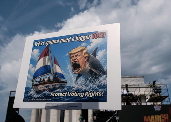 August 28, 2026, Washington, Distict Of Columbia, U.S.A: A demonstrator holds a sign that reads, â€oeWeâ€⠢re gonna need a bigger vote. Protect voting rights,†while attending the â€oeMarch on Washington: Defend the Vote†rally at the Lincoln Memorial in Washington, DC, on August 28, 2026. The rally, organized by the National Action Network, marks the 63rd anniversary of the 1963 March on Washington, where Rev. Martin Luther King Jr. delivered his historic â€oeI Have a Dream†speech. Thousands of demonstrators are expected to gather to call attention to voting rights ahead of Novemberâ€⠢s midterm elections. Washington U.S.A - ZUMAr125 20260828_fap_r125_008 Copyright: xProbalxRashidx