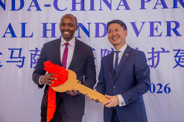 (260829) -- KIGALI, Aug. 29, 2026 -- Chinese Ambassador to Rwanda Gao Wenqi (R) and Rwandan Minister of Health Sabin Nsanzimana attend the handover ceremony of Masaka Hospital renovation and expansion project in Kigali, Rwanda, Aug. 28, 2026. TO GO WITH China hands over major hospital project to Rwanda (Photo by Cyril Ndegeya Xinhua) RWANDA-KIGALI-CHINA-HOSPITAL-HANDOVER CEREMONY LiuxYoumin 