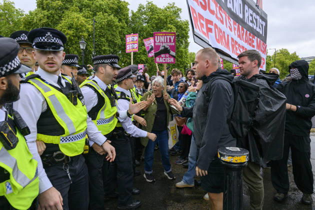 Stand Up To Racism Protest Against UKIP Demonstration LONDON, UNITED KINGDOM - AUGUST 29: Right wing UK Independence Party (UKIP) supporters clash with Stand Up To Racism counter-demonstrators during anti-Islam demonstration in London, United Kingdom on August 29, 2026. Ray Tang Anadolu London United Kingdom. Editorial use only. Please get in touch for any other usage.  Copyright: x2026xAnadoluxRayxTangx