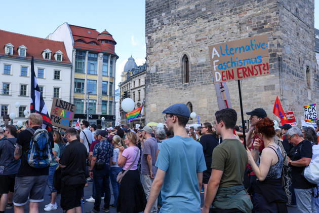 August 29, 2026, Halle, Saxony-Anhalt, Germany: Around 1,500 people attend a demonstration against the far-right Alternative for Germany (AfD) party in Halle, Saxony-Anhalt, Germany, amid the state election campaign. Halle Germany  - ZUMAc291 20260829_zip_c291_003 Copyright: xMariaxCastrox
