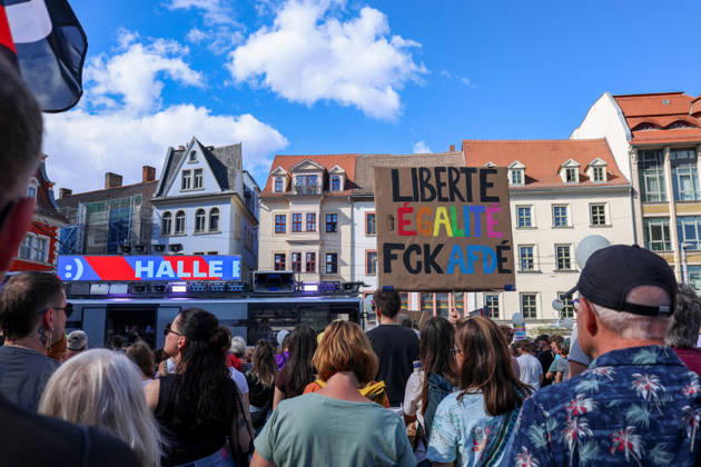August 29, 2026, Halle, Saxony-Anhalt, Germany: Around 1,500 people attend a demonstration against the far-right Alternative for Germany (AfD) party in Halle, Saxony-Anhalt, Germany, amid the state election campaign. Halle Germany  - ZUMAc291 20260829_zip_c291_005 Copyright: xMariaxCastrox