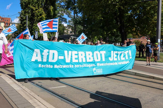 August 29, 2026, Halle, Saxony-Anhalt, Germany: Around 1,500 people attend a demonstration against the far-right Alternative for Germany (AfD) party in Halle, Saxony-Anhalt, Germany, amid the state election campaign. Halle Germany  - ZUMAc291 20260829_zip_c291_009 Copyright: xMariaxCastrox
