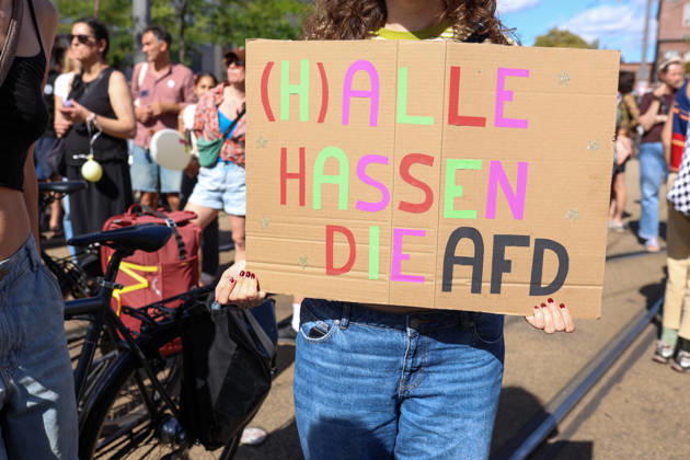 August 29, 2026, Halle, Saxony-Anhalt, Germany: A demonstrator holds a sign reading Ã¢â‚¬oe(H)ALLE HASSEN DIE AFDÃ¢â‚¬Â (Ã¢â‚¬oeHalle everyone hates the AfDÃ¢â‚¬Â) during a demonstration against the far-right Alternative for Germany (AfD) party in Halle, Saxony-Anhalt, Germany, amid the state election campaign. Halle Germany  - ZUMAc291 20260829_zip_c291_010 Copyright: xMariaxCastrox