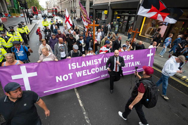 August 29, 2026, London, United Kingdom: UKIP leader Nick Tenconi marches n the street during the No Sharia Law march. Supporters of the UK Independence Party (UKIP), led by party leader Nick Tenconi, took part in the No Sharia Law march from Hyde Park Corner to Downing Street in London. Demonstrators marched through the capital opposing the application of Sharia law in the United Kingdom, carrying banners expressing opposition to Islamic immigration to the UK. London United Kingdom - ZUMAs197 20260829_aaa_s197_129 Copyright: xAndreaxDomeniconix