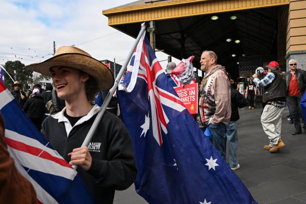 MARCH FOR AUSTRALIA RALLY MELBOURNE, People participate in a March for Australia anti-immigration rally outside the Flinders St Station in Melbourne, Sunday, August 30, 2026. ( NO ARCHIVING Melbourne Victoria AUSTRALIA  Copyright: xCHRISTOPHERxHOPKINSx 20260830119589867083