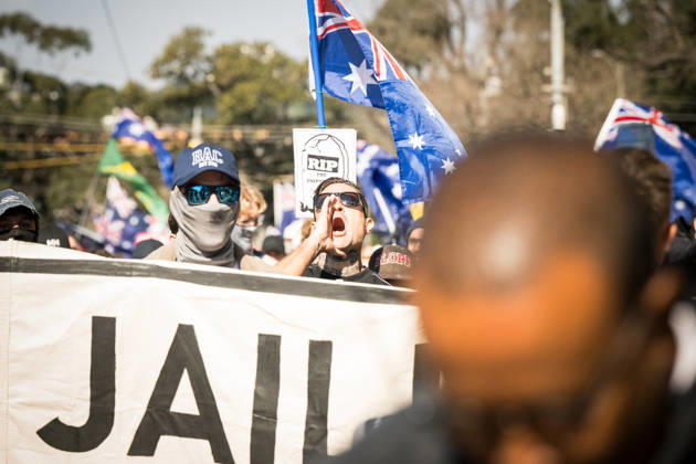 ANTI IMMIGRATION RALLY, Protestors marched through the streets of Melbourne shouting anti immigration slogans during a far right March for Australia anti-immigration rally in Melbourne, Sunday, August 30, 2026. ( NO ARCHIVING MELBOURNE VICTORIA AUSTRALIA  Copyright: xCHRISTOPHERxHOPKINSx 20260830163005442551