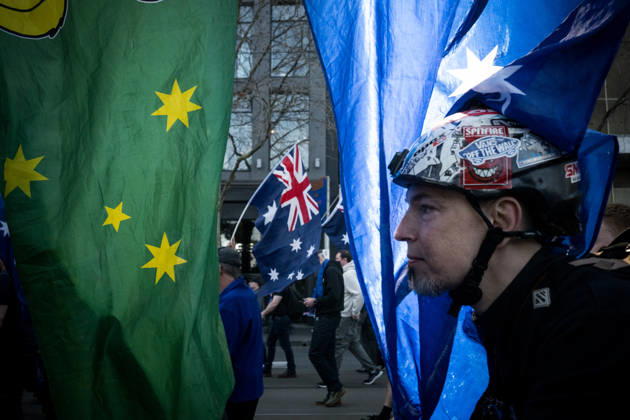 ANTI IMMIGRATION RALLY, Far right protestors march through the streets of Melbourne during a far right March for Australia anti-immigration rally in Melbourne, Sunday, August 30, 2026. ( NO ARCHIVING MELBOURNE VICTORIA AUSTRALIA  Copyright: xCHRISTOPHERxHOPKINSx 20260830180985088607
