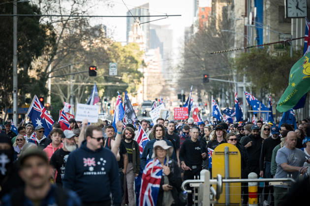 ANTI IMMIGRATION RALLY, Protestors marched through the streets of Melbourne shouting anti immigration slogans during a far right March for Australia anti-immigration rally in Melbourne, Sunday, August 30, 2026. ( NO ARCHIVING MELBOURNE VICTORIA AUSTRALIA  Copyright: xCHRISTOPHERxHOPKINSx 20260830139848868892