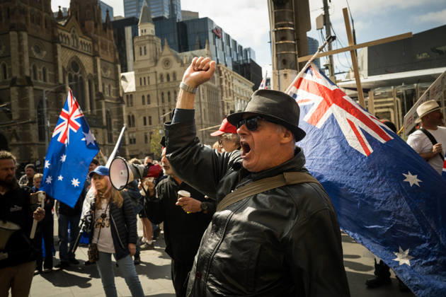 ANTI IMMIGRATION RALLY, Protestors marched through the streets of Melbourne shouting anti immigration slogans during a far right March for Australia anti-immigration rally in Melbourne, Sunday, August 30, 2026. ( NO ARCHIVING MELBOURNE VICTORIA AUSTRALIA Copyright: xCHRISTOPHERxHOPKINSx 20260830154674537117