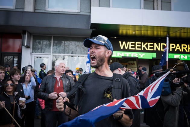ANTI IMMIGRATION RALLY, Protestors marched through the streets of Melbourne shouting anti immigration slogans during a far right March for Australia anti-immigration rally in Melbourne, Sunday, August 30, 2026. ( NO ARCHIVING MELBOURNE VICTORIA AUSTRALIA Copyright: xCHRISTOPHERxHOPKINSx 20260830140630574910
