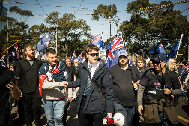 ANTI IMMIGRATION RALLY, Fair right influencer Hugo ˜Auspill™ Lennon marches during a far right March for Australia anti-immigration rally in Melbourne, Sunday, August 30, 2026. ( NO ARCHIVING MELBOURNE VICTORIA AUSTRALIA  Copyright: xCHRISTOPHERxHOPKINSx 20260830194179569304