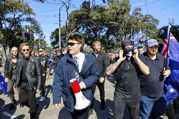 August 30, 2026, Melbourne, Victoria State, Australia: Far-right influencer Hugo â€oeAuspill†Lennon is seen during the March for Australia rally..Hundreds of supporters of the far-right group March for Australia marched through Melbourneâ€⠢s CBD as part of a demonstration focused on freedom of speech and political expression, while counter-protesters gathered separately to oppose the march and its political messages. March for Australia organisers called for the repeal of laws they say restrict political communication, an end to government censorship and constitutional protection for freedom of speech. Melbourne Australia - ZUMAs197 20260830_aaa_s197_020 Copyright: xYexMyoxKhantx