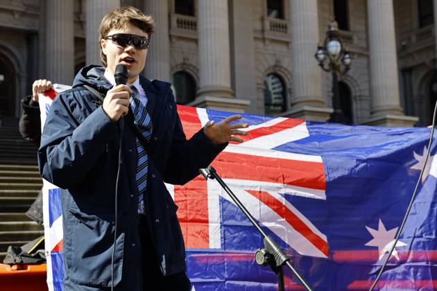 August 30, 2026, Melbourne, Victoria State, Australia: Fair right influencer Hugo ‘Auspillâ€⠢ Lennon addresses the crowd during the rally..Hundreds of supporters of the far-right group March for Australia marched through Melbourneâ€⠢s CBD as part of a demonstration focused on freedom of speech and political expression, while counter-protesters gathered separately to oppose the march and its political messages. March for Australia organisers called for the repeal of laws they say restrict political communication, an end to government censorship and constitutional protection for freedom of speech. Melbourne Australia - ZUMAs197 20260830_aaa_s197_021 Copyright: xYexMyoxKhantx