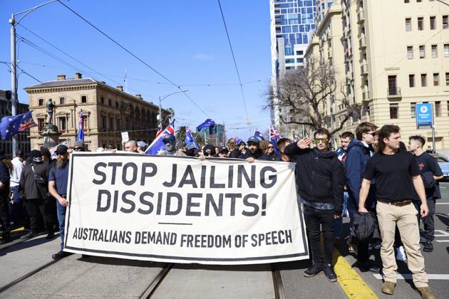 August 30, 2026, Melbourne, Victoria State, Australia: Far-right activists holding a banner and placards march through Melbourne during the rally..Hundreds of supporters of the far-right group March for Australia marched through Melbourneâ€⠢s CBD as part of a demonstration focused on freedom of speech and political expression, while counter-protesters gathered separately to oppose the march and its political messages. March for Australia organisers called for the repeal of laws they say restrict political communication, an end to government censorship and constitutional protection for freedom of speech. Melbourne Australia - ZUMAs197 20260830_aaa_s197_022 Copyright: xYexMyoxKhantx