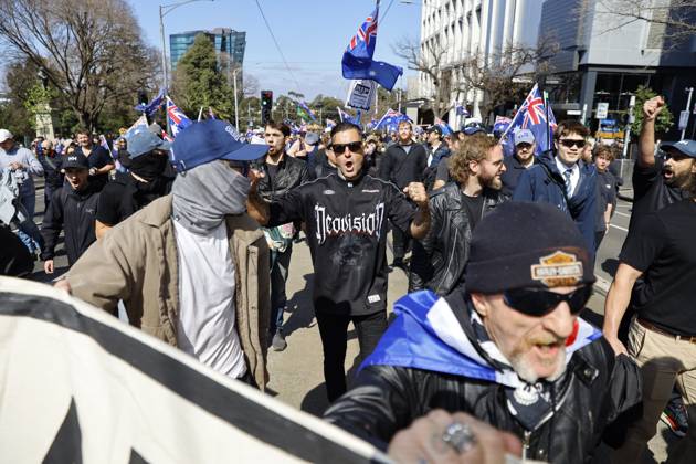 August 30, 2026, Melbourne, Victoria State, Australia: Far-right activists chant slogans during a far right March for Australia anti-immigration rally..Hundreds of supporters of the far-right group March for Australia marched through Melbourneâ€⠢s CBD as part of a demonstration focused on freedom of speech and political expression, while counter-protesters gathered separately to oppose the march and its political messages. March for Australia organisers called for the repeal of laws they say restrict political communication, an end to government censorship and constitutional protection for freedom of speech. Melbourne Australia - ZUMAs197 20260830_aaa_s197_024 Copyright: xYexMyoxKhantx