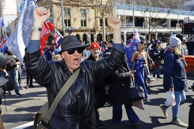 August 30, 2026, Melbourne, Victoria State, Australia: A far-right activist shouts slogans during the rally..Hundreds of supporters of the far-right group March for Australia marched through Melbourneâ€⠢s CBD as part of a demonstration focused on freedom of speech and political expression, while counter-protesters gathered separately to oppose the march and its political messages. March for Australia organisers called for the repeal of laws they say restrict political communication, an end to government censorship and constitutional protection for freedom of speech. Melbourne Australia - ZUMAs197 20260830_aaa_s197_026 Copyright: xYexMyoxKhantx