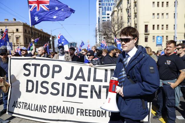 August 30, 2026, Melbourne, Victoria State, Australia: Fair right influencer Hugo ‘Auspillâ€⠢ Lennon marches during the rally..Hundreds of supporters of the far-right group March for Australia marched through Melbourneâ€⠢s CBD as part of a demonstration focused on freedom of speech and political expression, while counter-protesters gathered separately to oppose the march and its political messages. March for Australia organisers called for the repeal of laws they say restrict political communication, an end to government censorship and constitutional protection for freedom of speech. Melbourne Australia - ZUMAs197 20260830_aaa_s197_028 Copyright: xYexMyoxKhantx