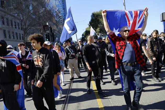 August 30, 2026, Melbourne, Victoria State, Australia: Far-right activists marched through the streets of Melbourne during the rally..Hundreds of supporters of the far-right group March for Australia marched through Melbourneâ€⠢s CBD as part of a demonstration focused on freedom of speech and political expression, while counter-protesters gathered separately to oppose the march and its political messages. March for Australia organisers called for the repeal of laws they say restrict political communication, an end to government censorship and constitutional protection for freedom of speech. Melbourne Australia - ZUMAs197 20260830_aaa_s197_034 Copyright: xYexMyoxKhantx