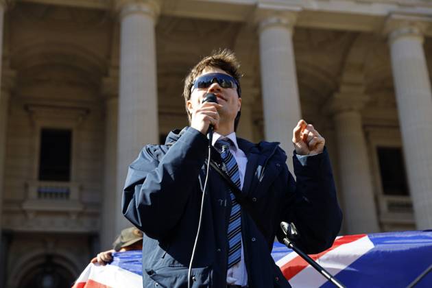 August 30, 2026, Melbourne, Victoria State, Australia: Fair right influencer Hugo ‘Auspillâ€⠢ Lennon addresses the crowd during a far right March for Australia anti-immigration rally..Hundreds of supporters of the far-right group March for Australia marched through Melbourneâ€⠢s CBD as part of a demonstration focused on freedom of speech and political expression, while counter-protesters gathered separately to oppose the march and its political messages. March for Australia organisers called for the repeal of laws they say restrict political communication, an end to government censorship and constitutional protection for freedom of speech. Melbourne Australia - ZUMAs197 20260830_aaa_s197_036 Copyright: xYexMyoxKhantx