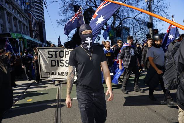 August 30, 2026, Melbourne, Victoria State, Australia: A far-right activist shouts slogans during the rally..Hundreds of supporters of the far-right group March for Australia marched through Melbourneâ€⠢s CBD as part of a demonstration focused on freedom of speech and political expression, while counter-protesters gathered separately to oppose the march and its political messages. March for Australia organisers called for the repeal of laws they say restrict political communication, an end to government censorship and constitutional protection for freedom of speech. Melbourne Australia - ZUMAs197 20260830_aaa_s197_038 Copyright: xYexMyoxKhantx